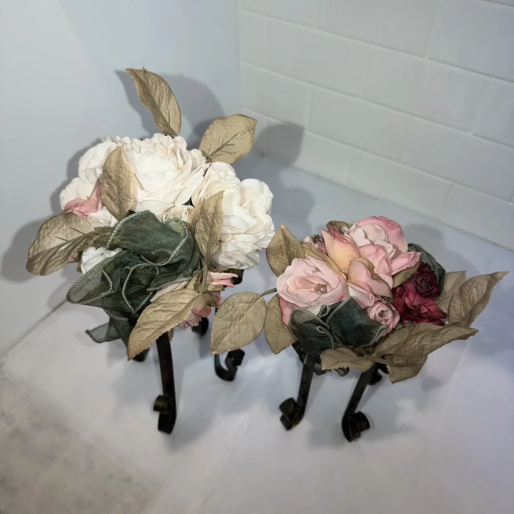 Artificial Pink/Dusty Rose/moss Flower FAUX Bouquet w Iron Legs Green Ribbon‎